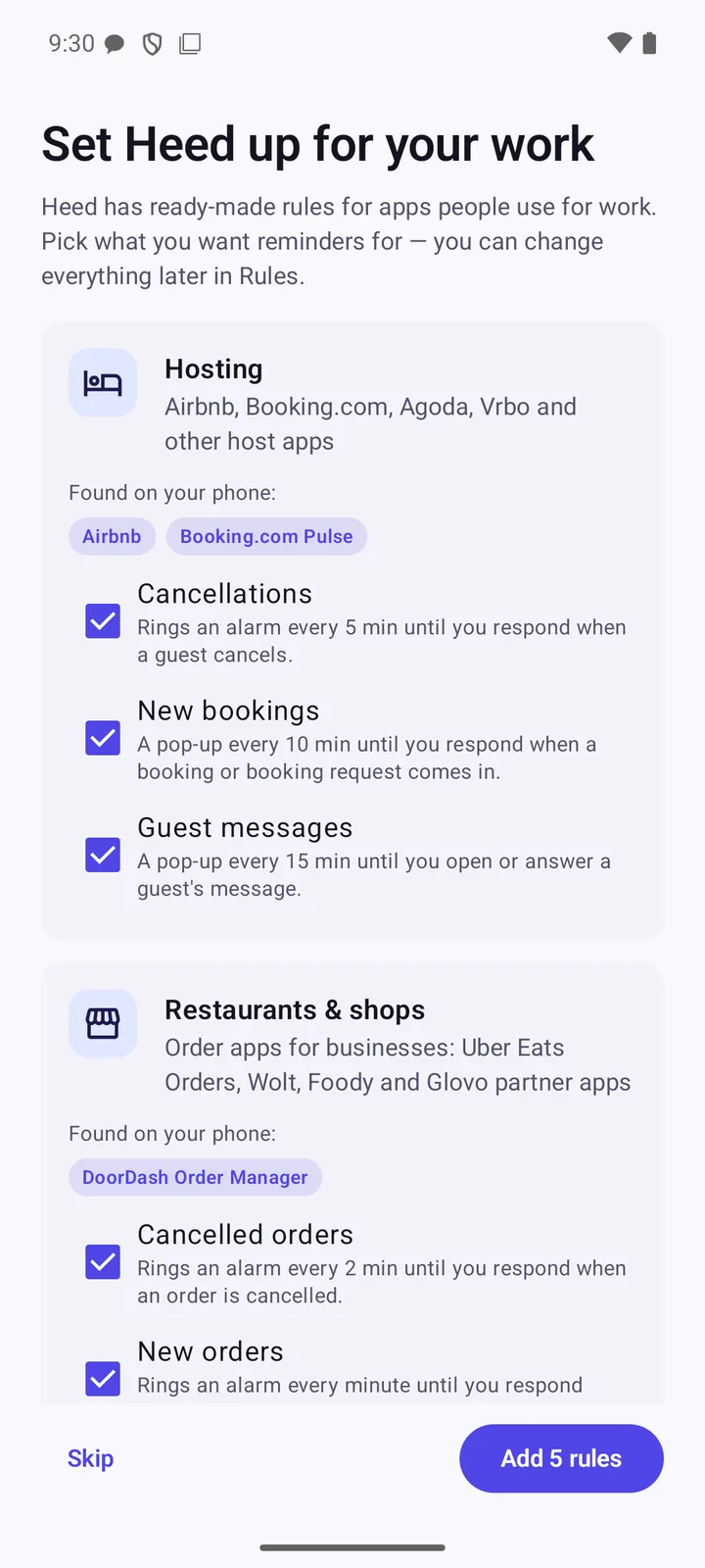 Set Heed up for your work: Hosting found Airbnb and Booking.com Pulse with Cancellations, New bookings and Guest messages ticked; Restaurants and shops found DoorDash Order Manager. Button: Add 5 rules.